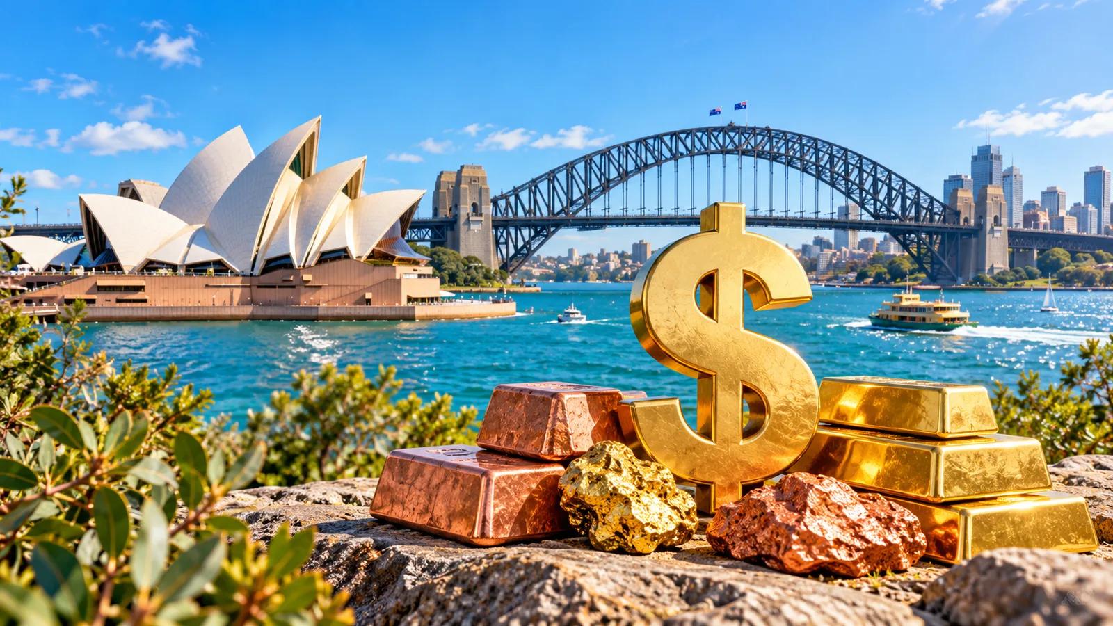 Conceptual editorial illustration of Sydney Harbour with an Australian dollar emblem and bright metallic accents.