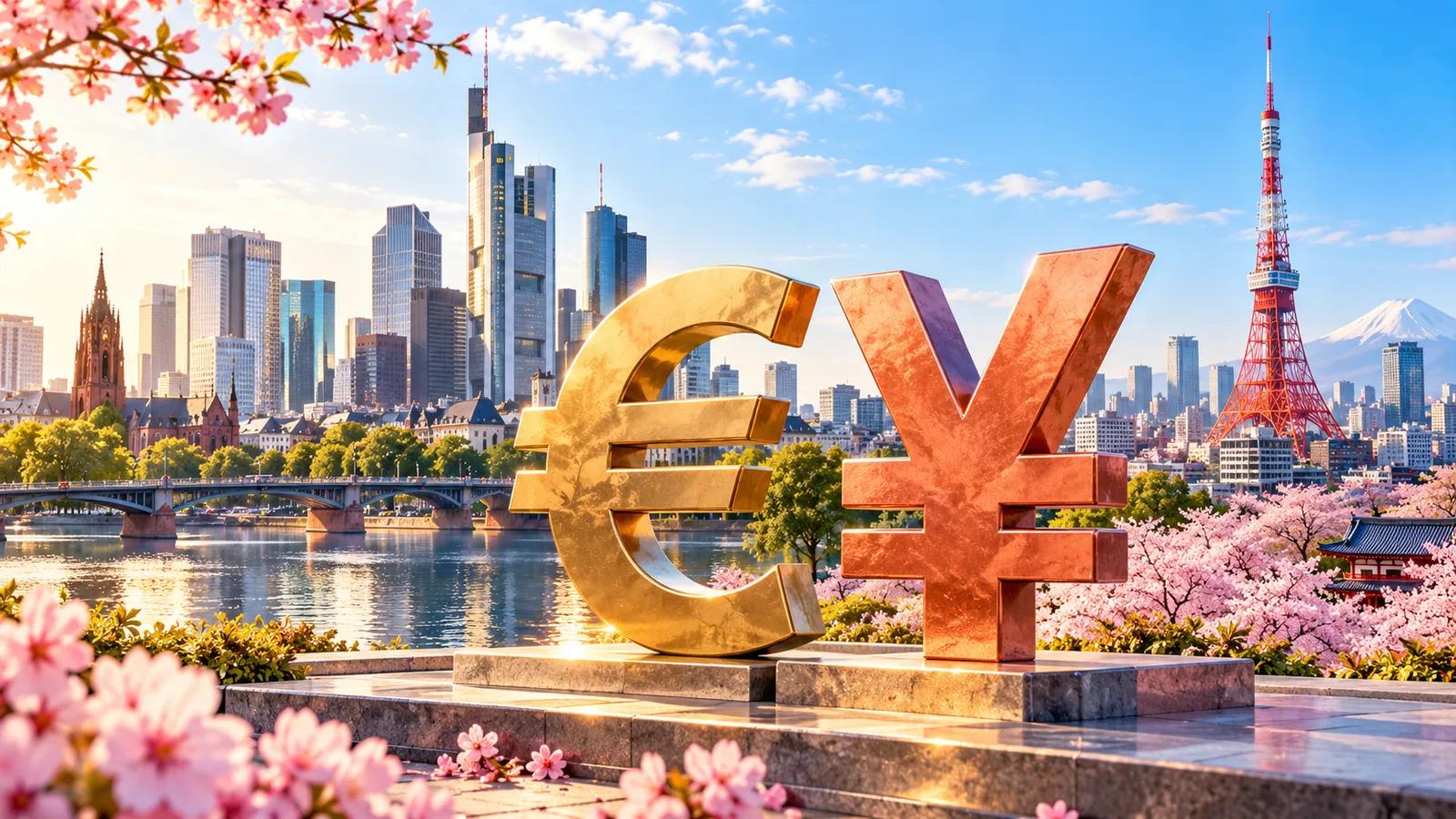 Conceptual editorial illustration of Euro and Japanese Yen symbols connecting Frankfurt and Tokyo financial centres.