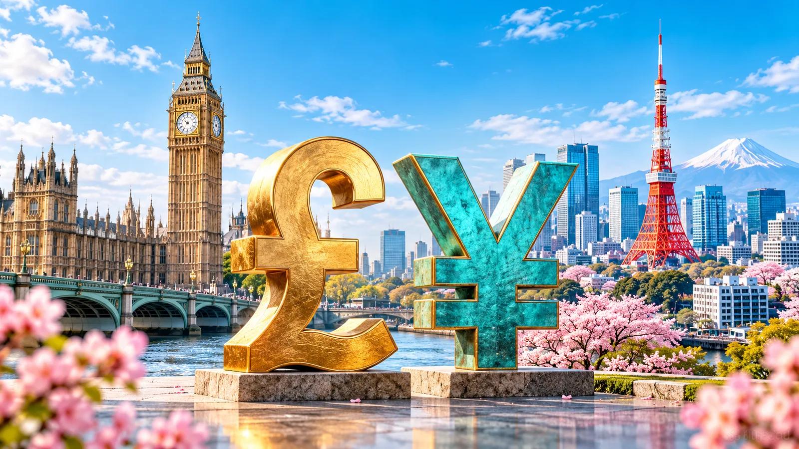 Conceptual editorial illustration featuring British Pound and Japanese Yen symbols with London and Tokyo architectural landmarks.