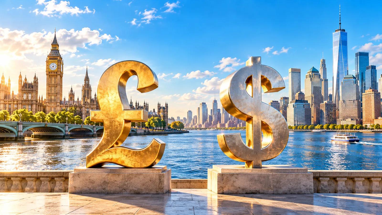 Conceptual editorial illustration of British Pound and US Dollar symbols overlooking illuminated London and New York skylines.