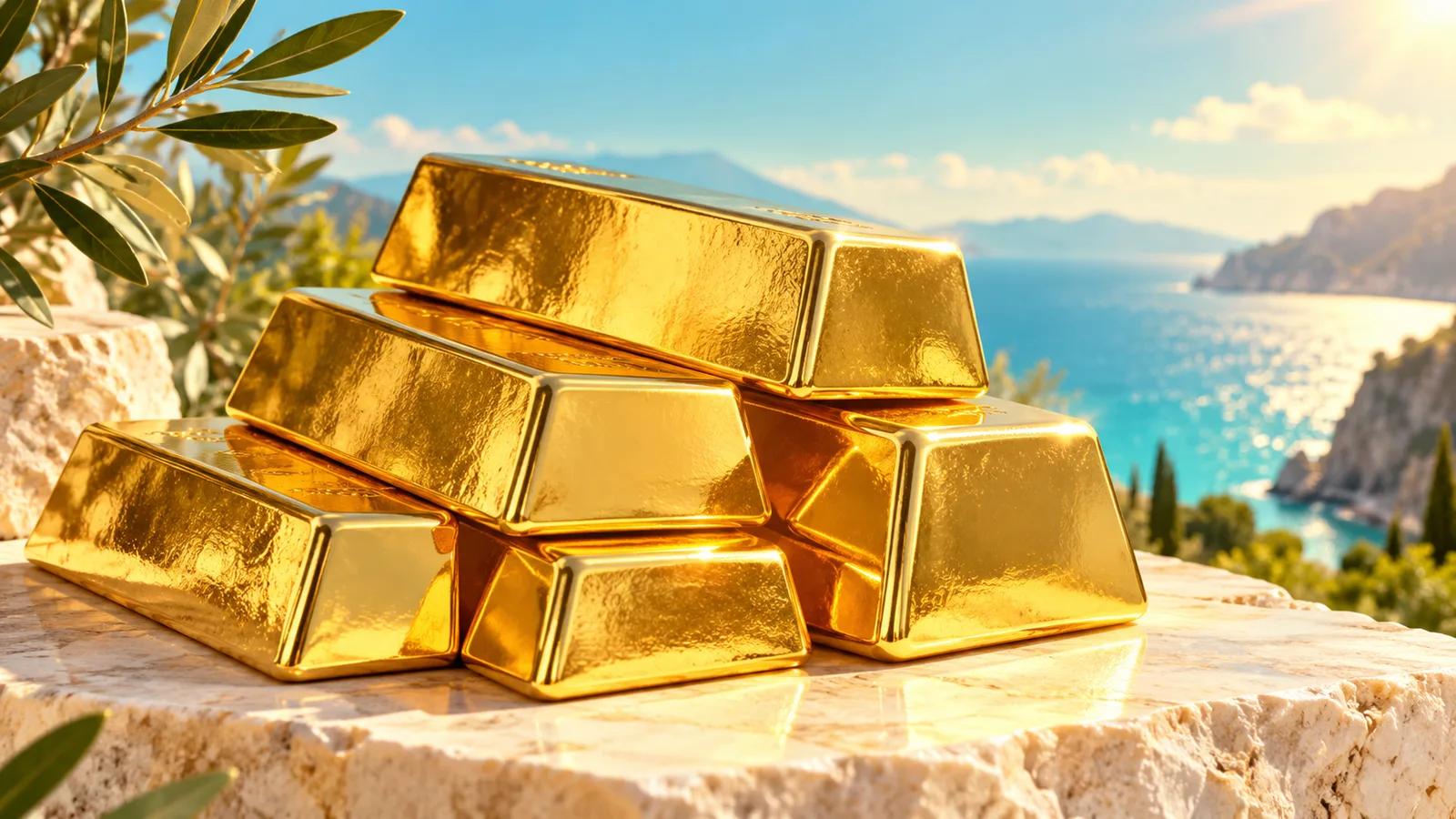 Conceptual editorial illustration of polished gold bullion bars gleaming with warm sunlight.
