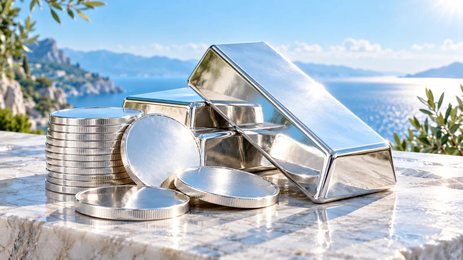 Conceptual editorial illustration of reflective silver bullion bars and coins resting on pale stone.