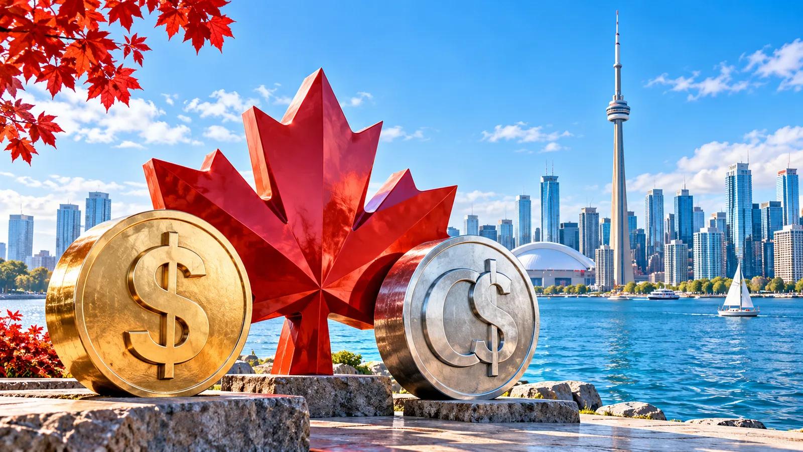 Conceptual editorial illustration showing a Canadian maple leaf emblem and metallic coins overlooking the Toronto skyline.