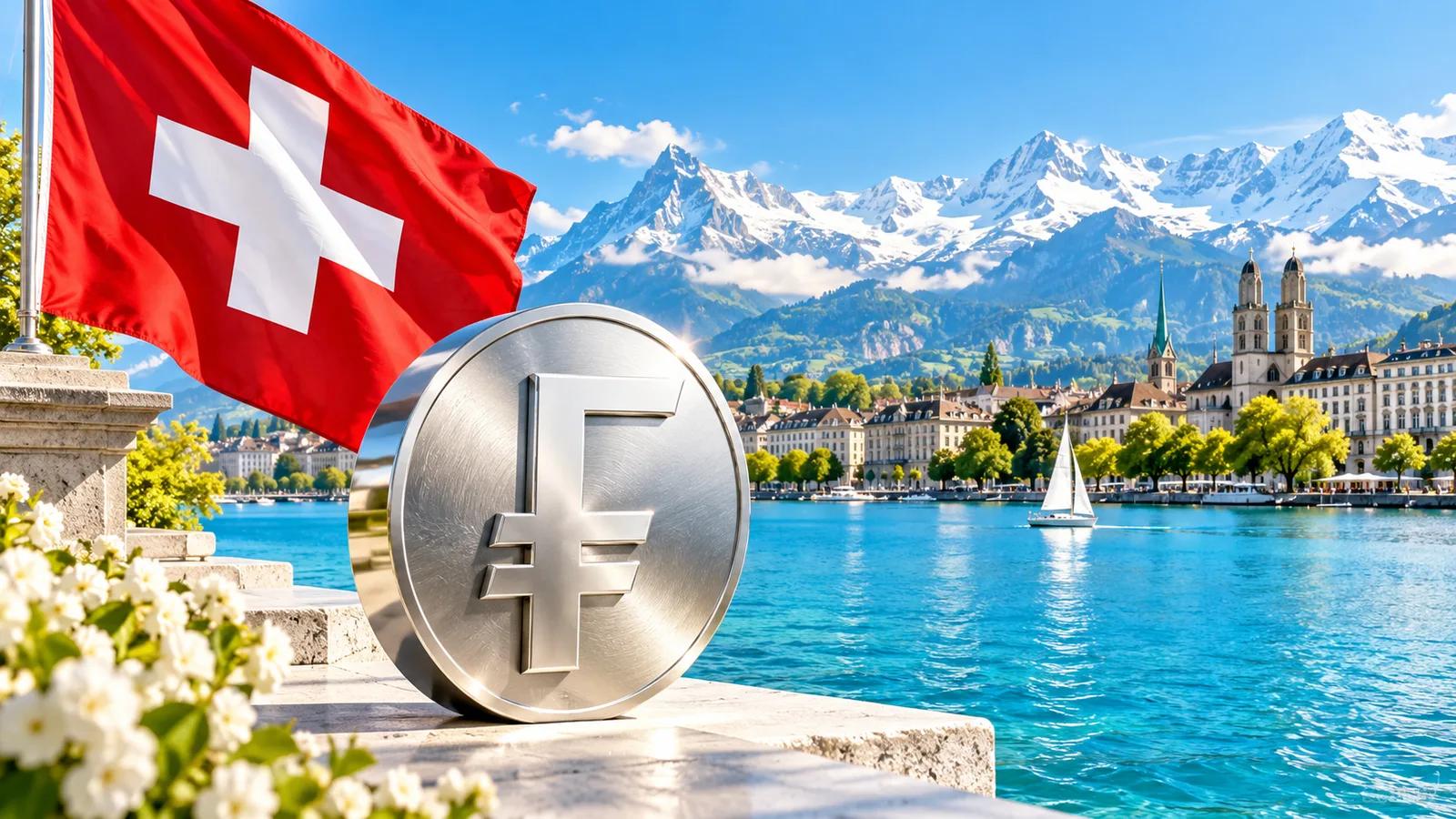 Conceptual editorial illustration featuring Swiss cross currency emblems in a luminous Alpine lakeside landscape.