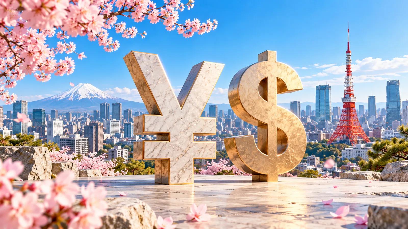 Conceptual editorial illustration featuring Japanese Yen and US Dollar symbols with Tokyo Tower in bright spring light.