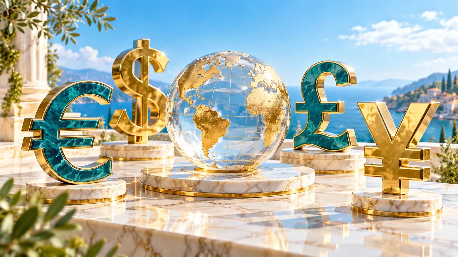 Conceptual editorial illustration of major global currency symbols encircling a luminous crystal globe.
