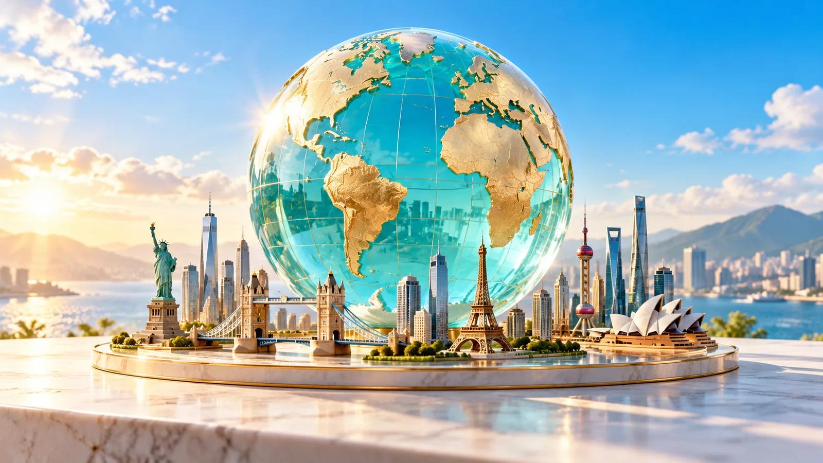 Conceptual editorial illustration of a luminous turquoise globe surrounded by international financial capital landmarks.
