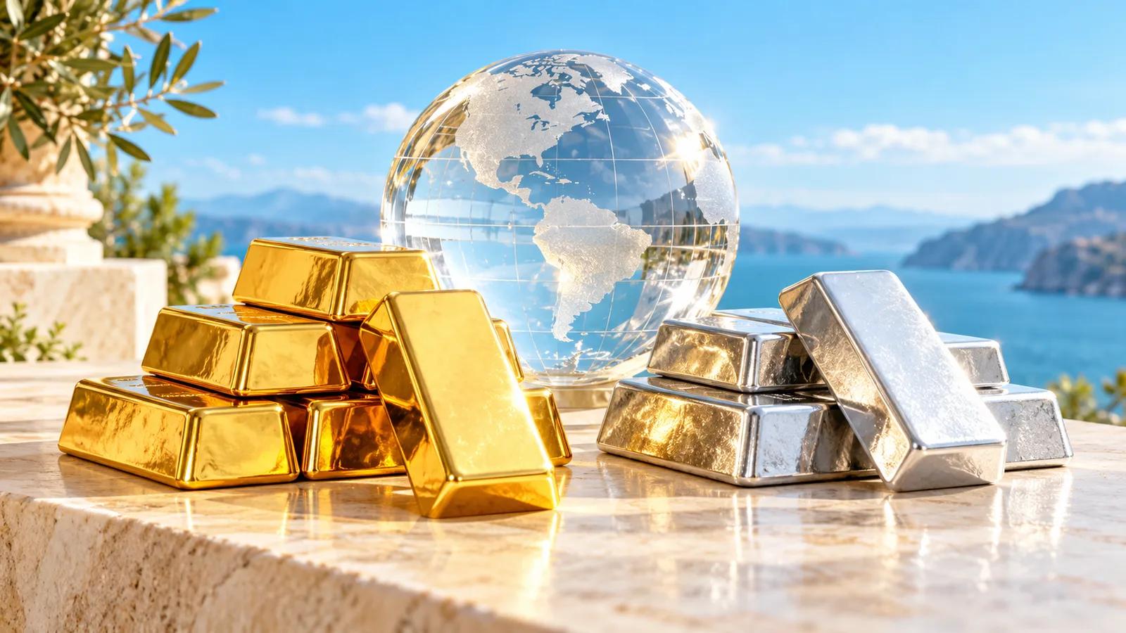 Conceptual editorial illustration of gleaming gold and silver bullion bars placed beside a crystal globe.