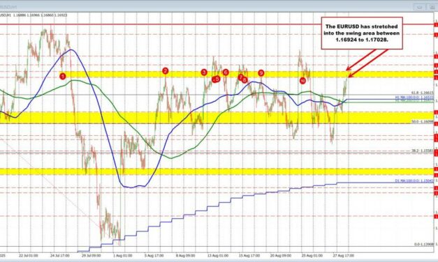 EURUSD stretches to a new high/into a swing area between 1.16924 to 1.17028. Seller lean.